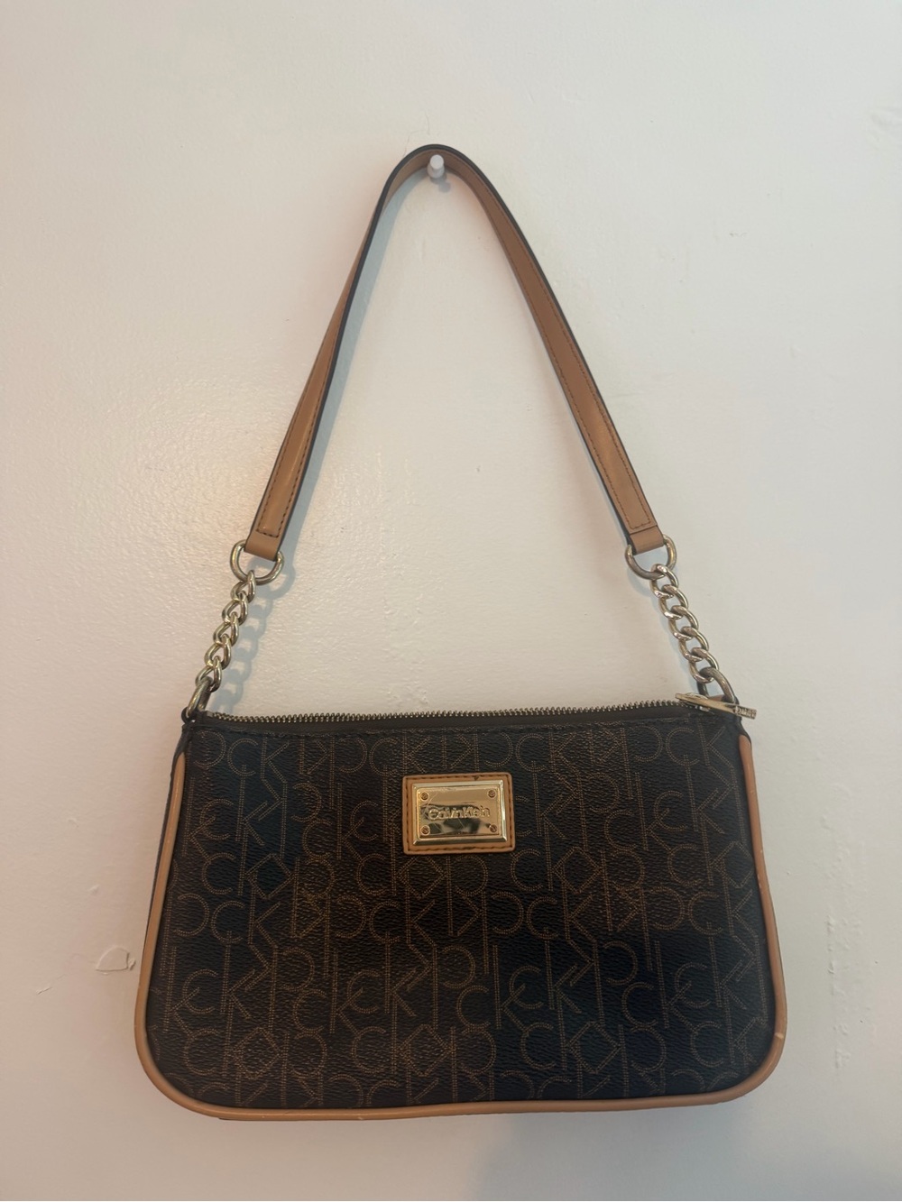 Calvin Klein Black Logo Shoulder Bag with Tan Trim